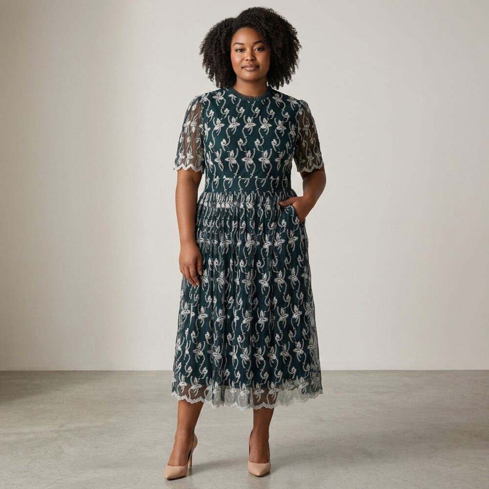 Ivy City Co. Amelia Emerald Green Midi Dress with Lacy Tulle Overlay size XL/16